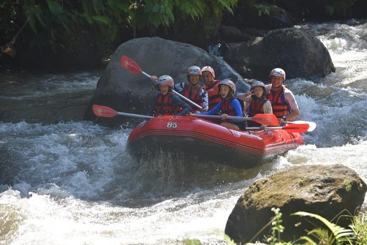 a group of people in a raft in a river