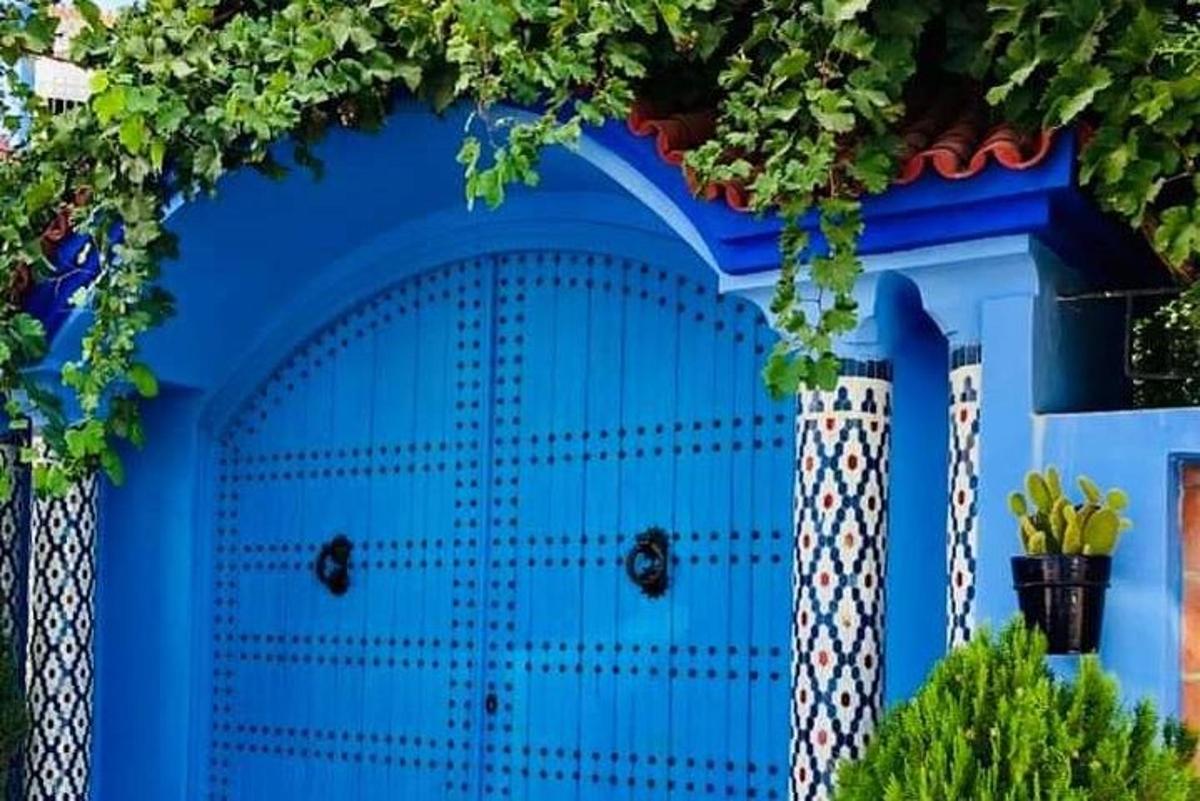 una porta de garatge blava amb una reixa blanca