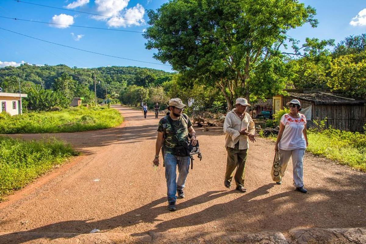 un gruppo di tre persone che camminano lungo una strada sterrata