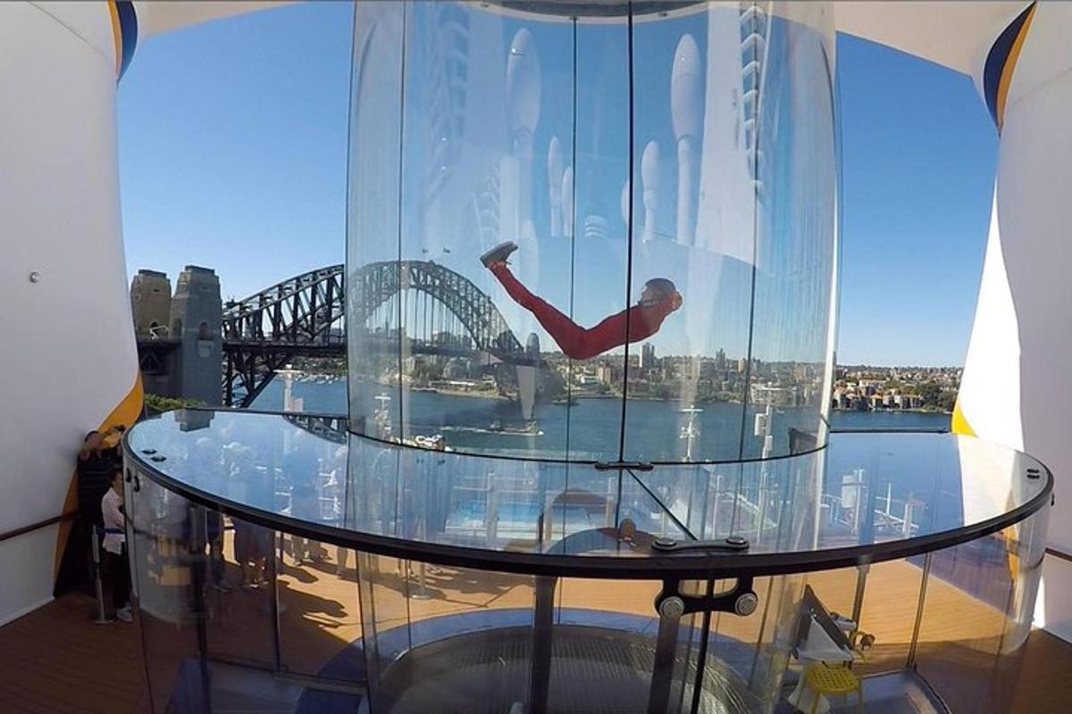 a person in a glass dome with a view of a bridge