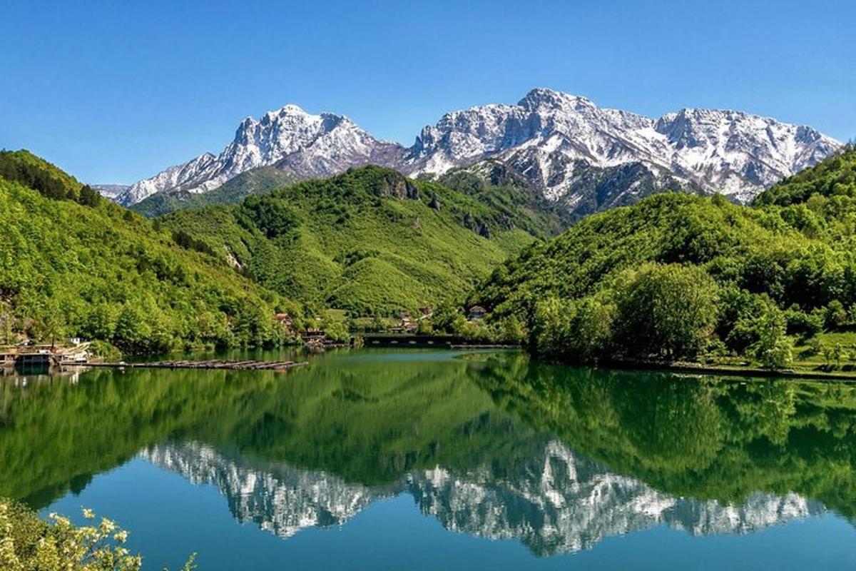 hegyek tükörképe egy fákkal teli tóban