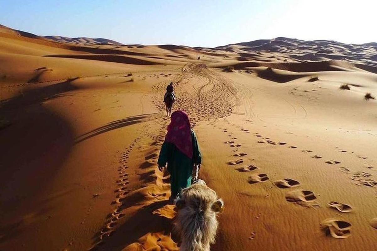 uma pessoa caminhando no deserto com um cachorro
