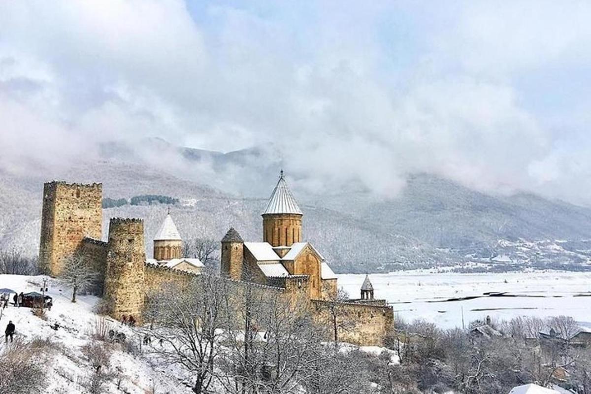 un castello nella neve con una montagna sullo sfondo