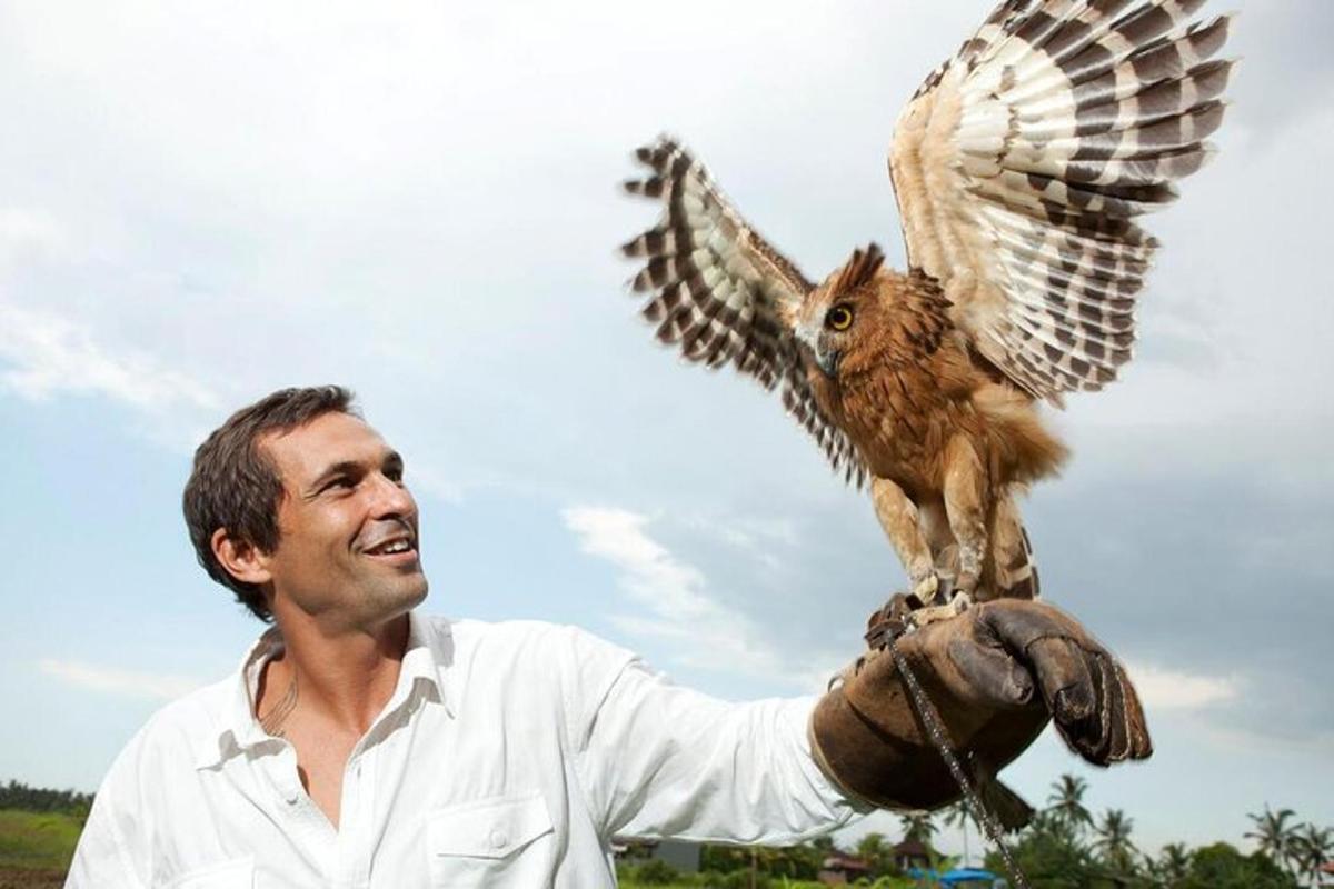 a man holding an owl on his hand