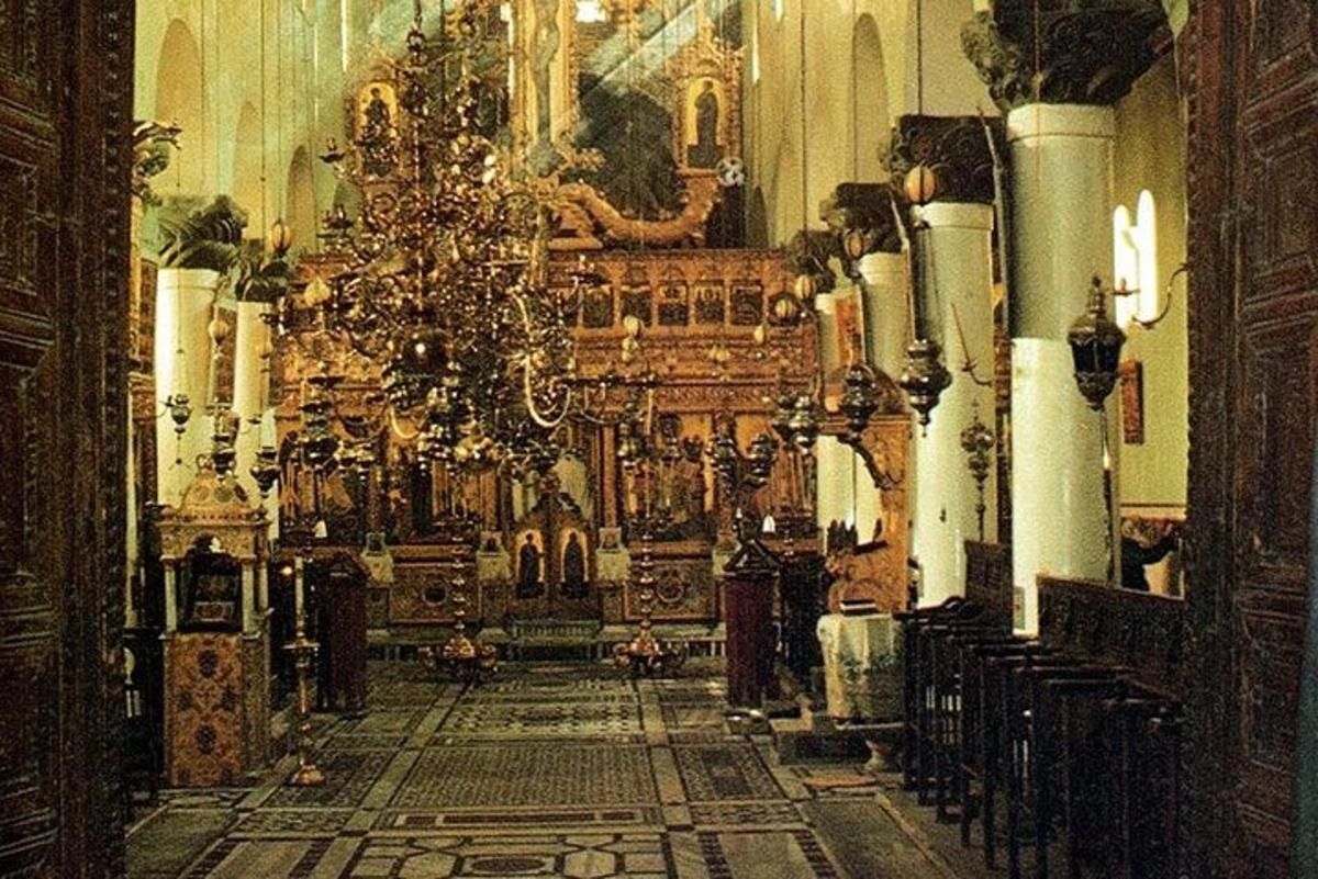 a church with a chandelier in a room