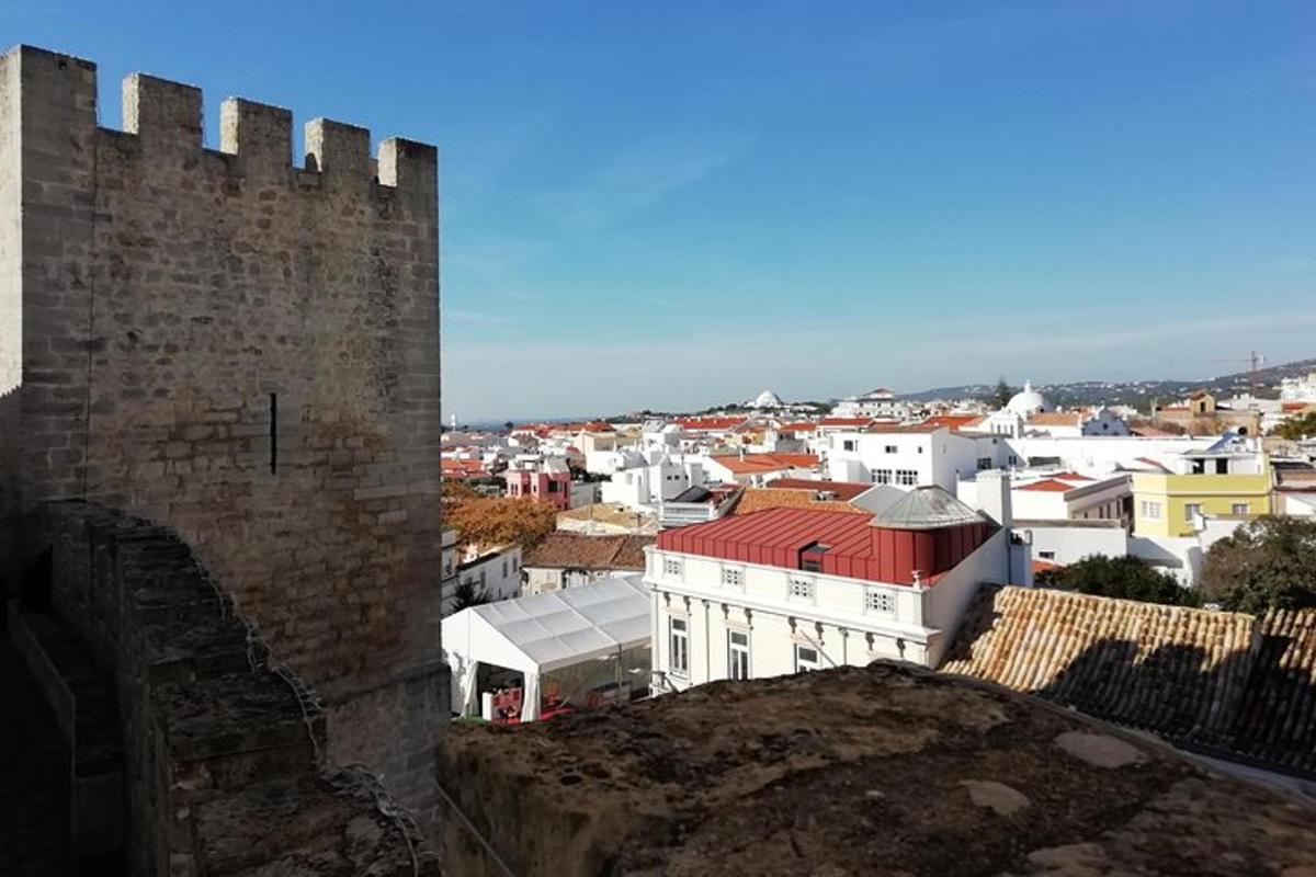 uma vista de uma cidade com um castelo e edifícios