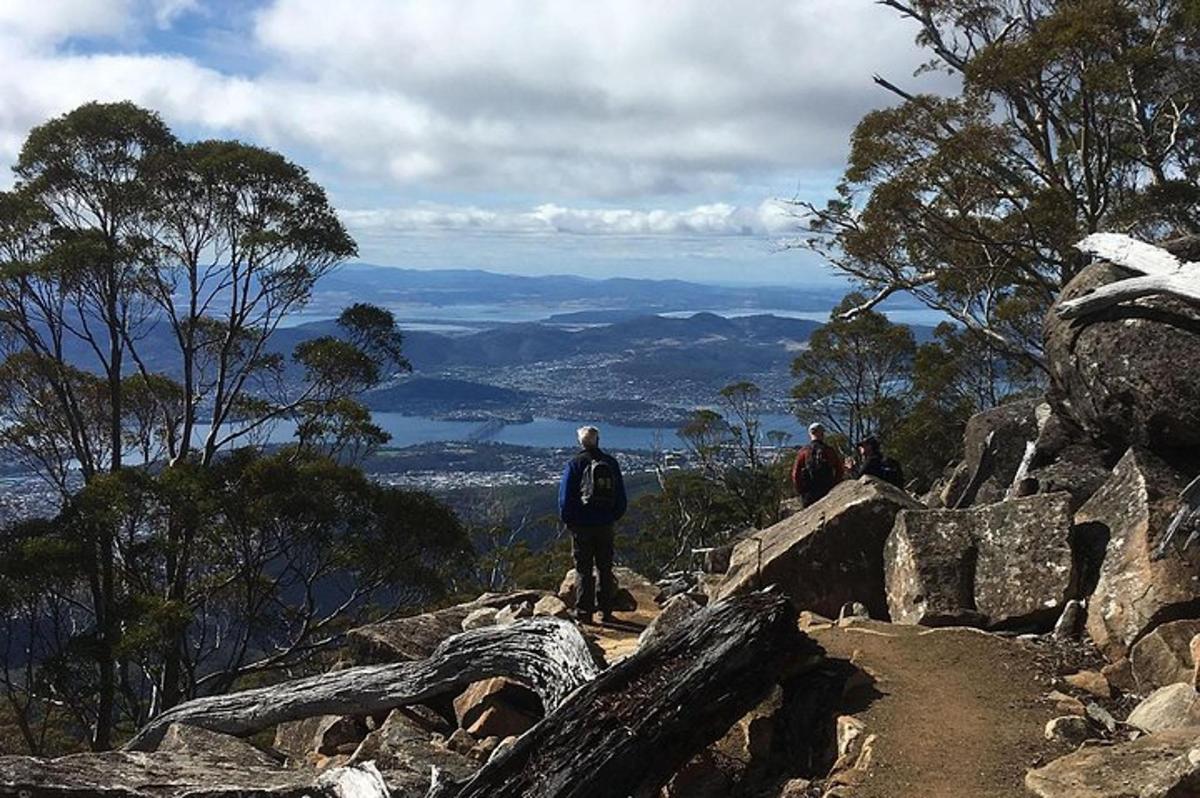 two people are standing on a mountain trail