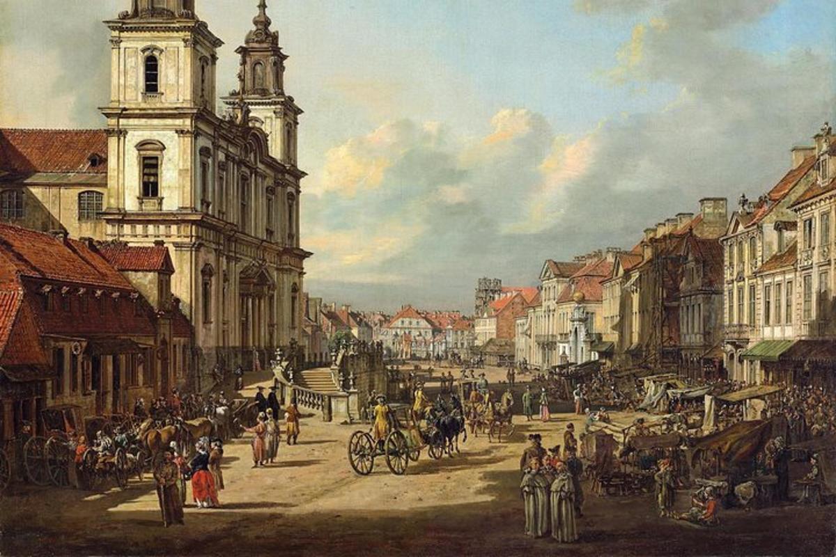 a painting of a city street with a crowd of people