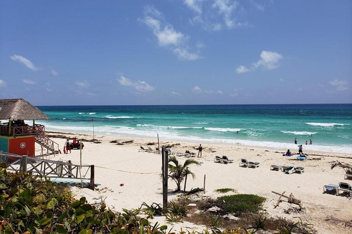 uma praia com pessoas na areia e o oceano
