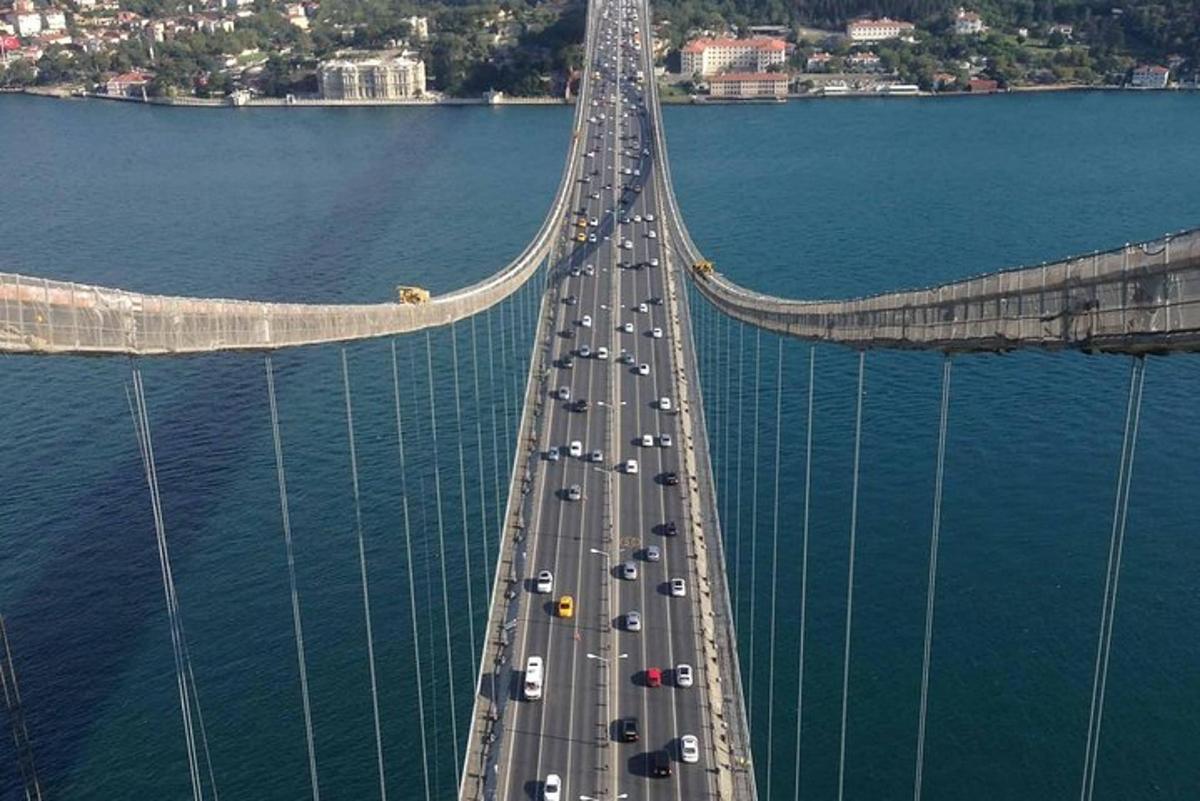 вид з висоти пташиного польоту на міст через воду