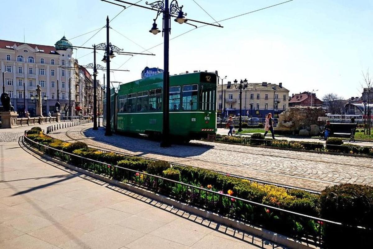 zelený trolejbus na kolejích ve městě