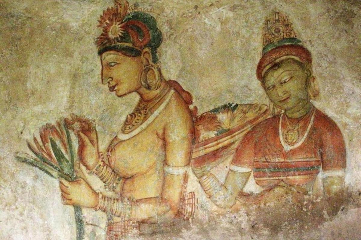 glezna, kurā attēlotas divas sievietes ar ziediem rokās