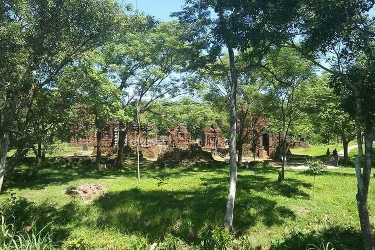 un campo con alberi e un edificio sullo sfondo