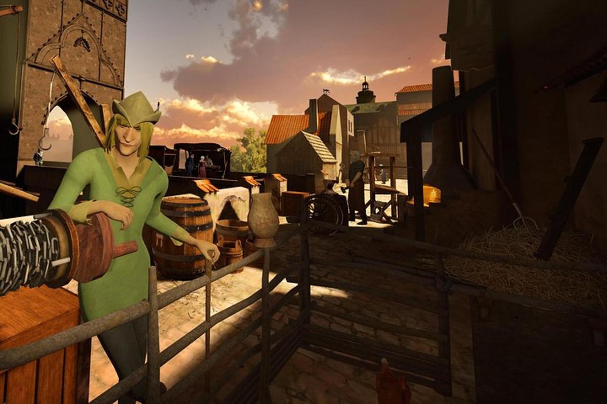 un rendering di una donna in piedi accanto a una recinzione