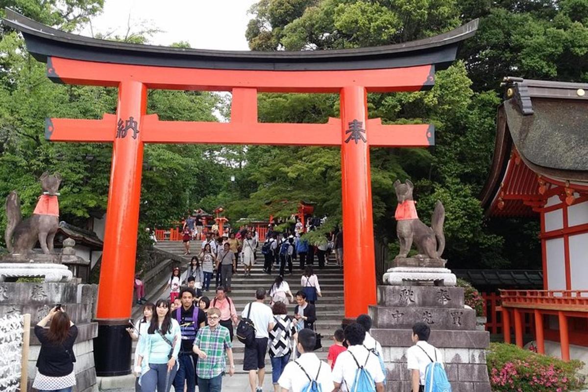 lidé procházející se kolem brány torii u svatyně