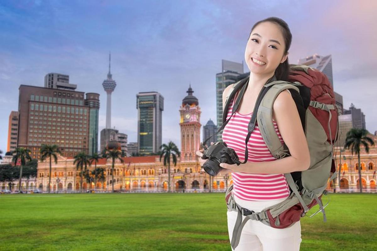 a woman with a backpack standing in front of a city