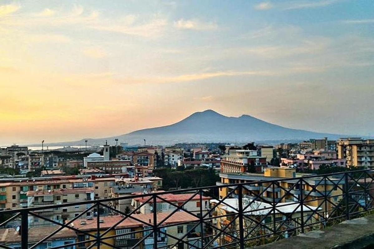 a view of a city with a mountain in the background