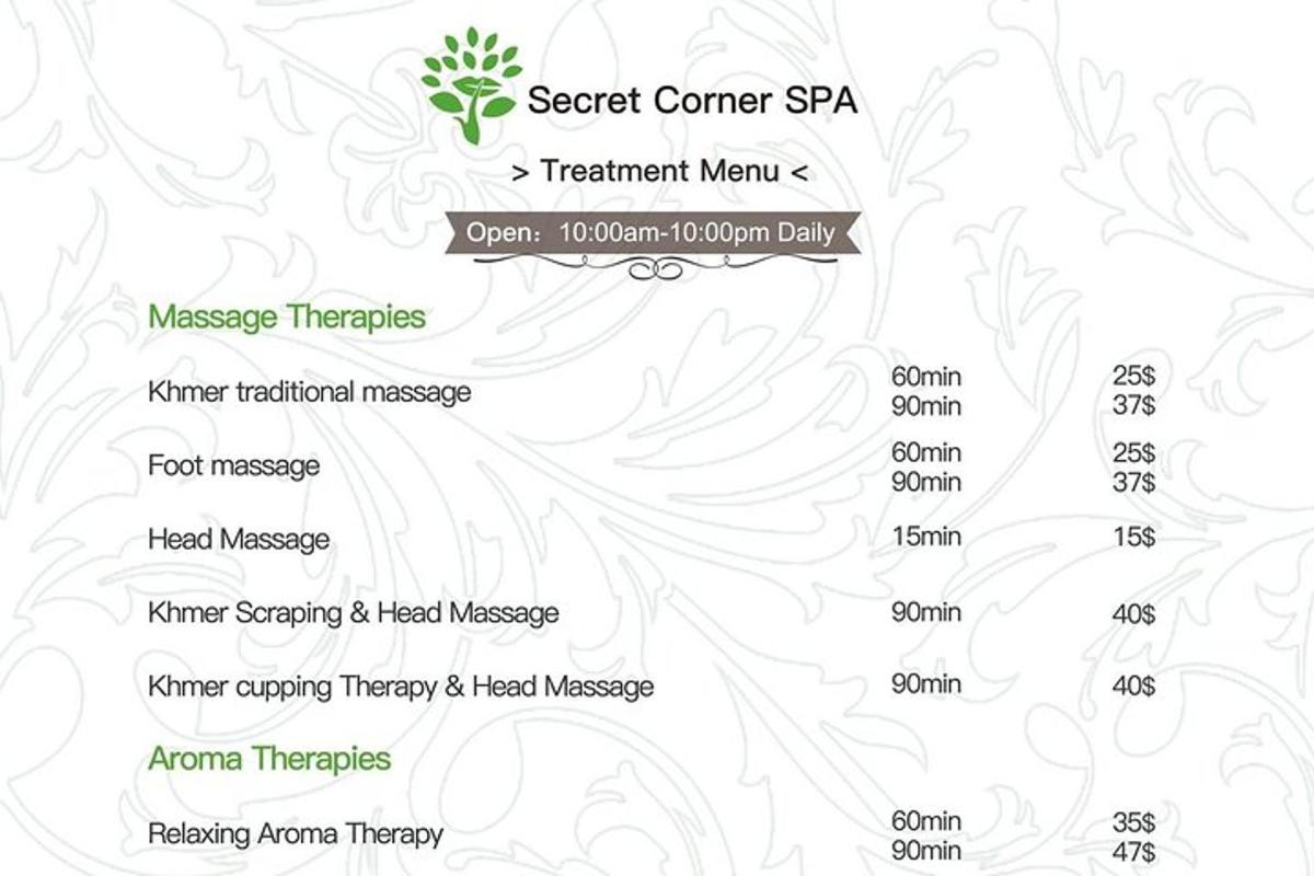 un menú del spa Secret Corner