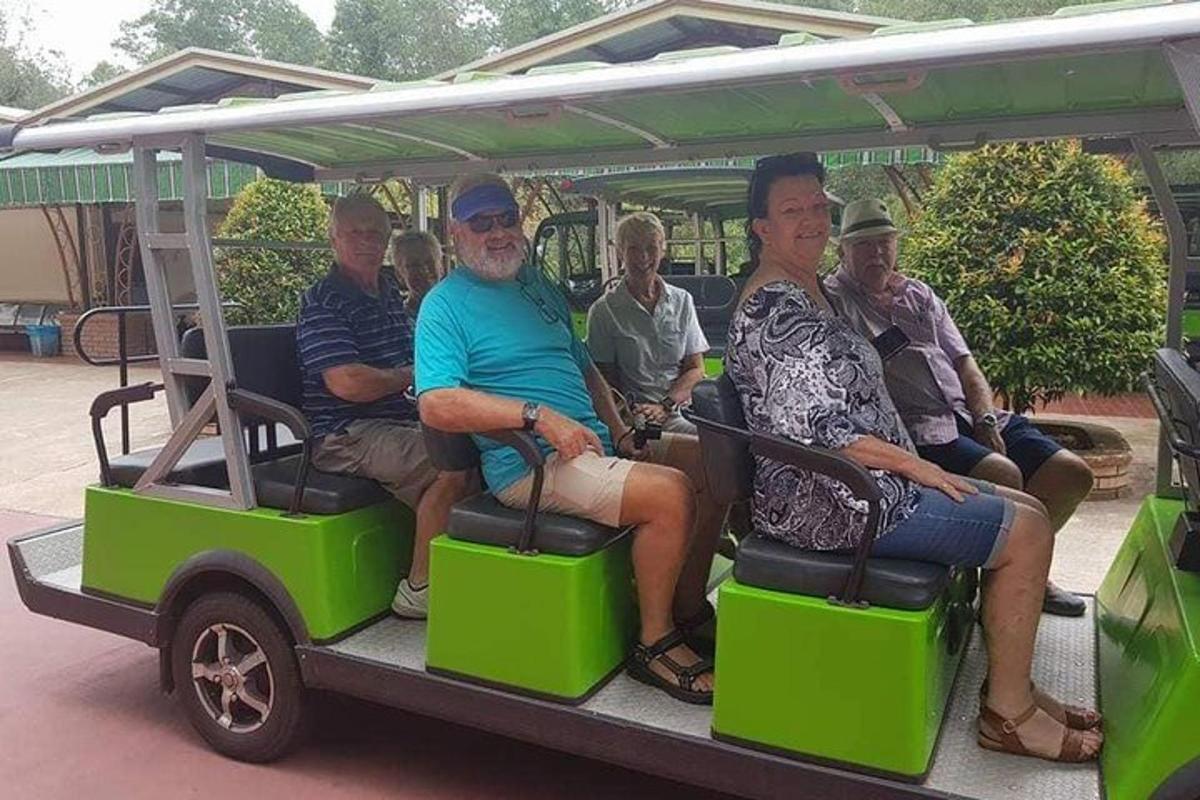 hópur fólks sem hjólar á golfbíl