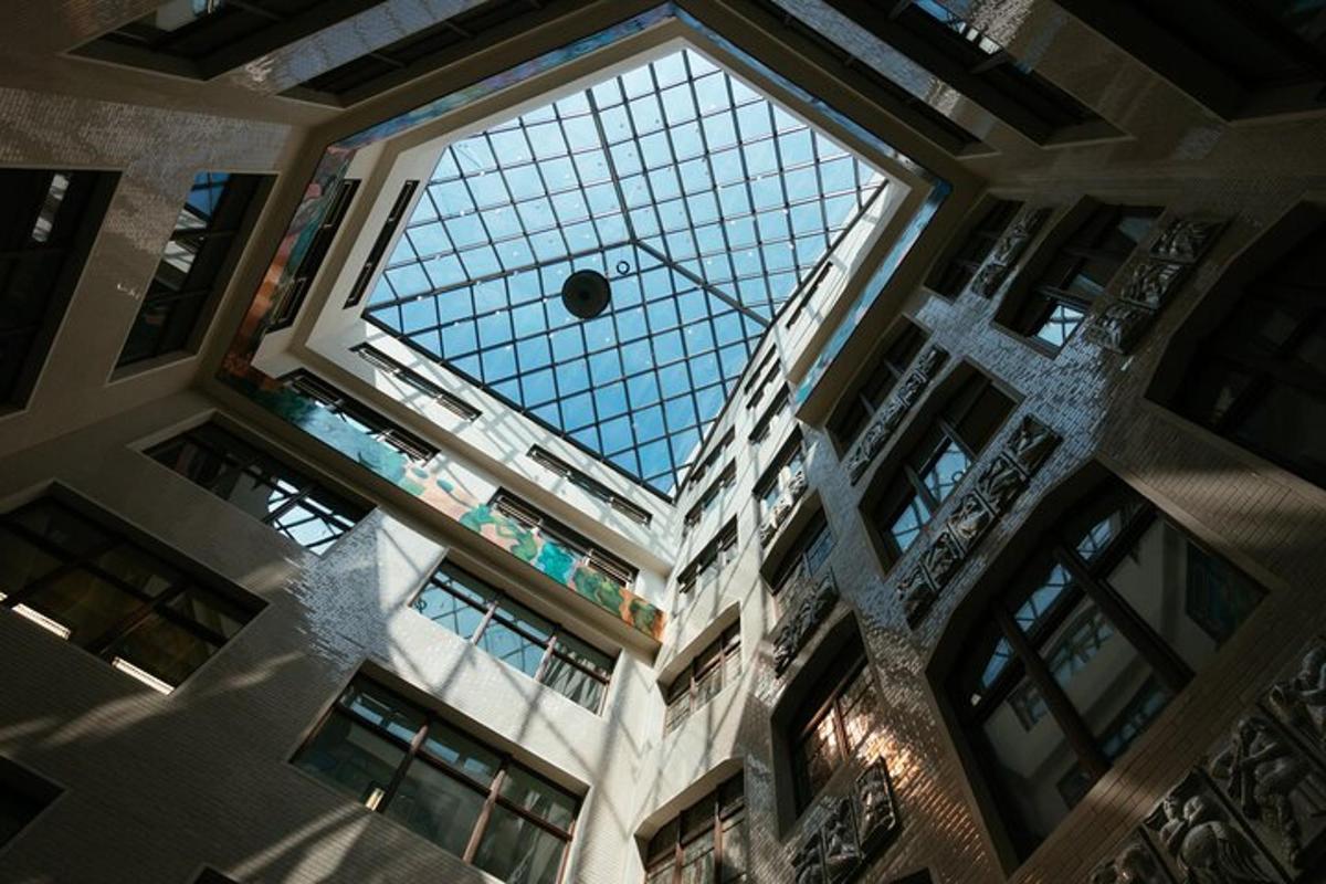 an overhead view of a building with a glass ceiling