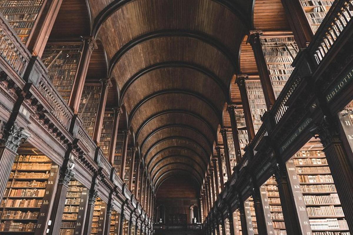 una grande biblioteca di libri con un soffitto a volta