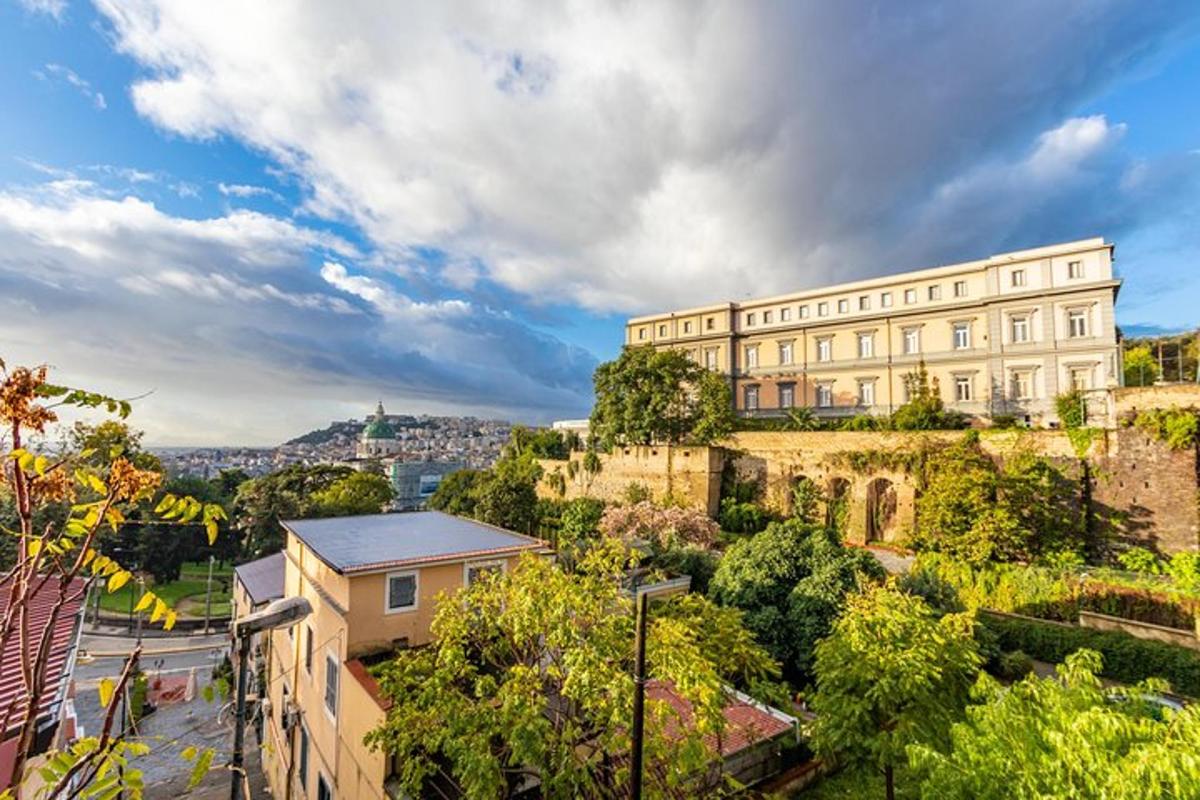Un edificio en una colina con árboles y edificios.
