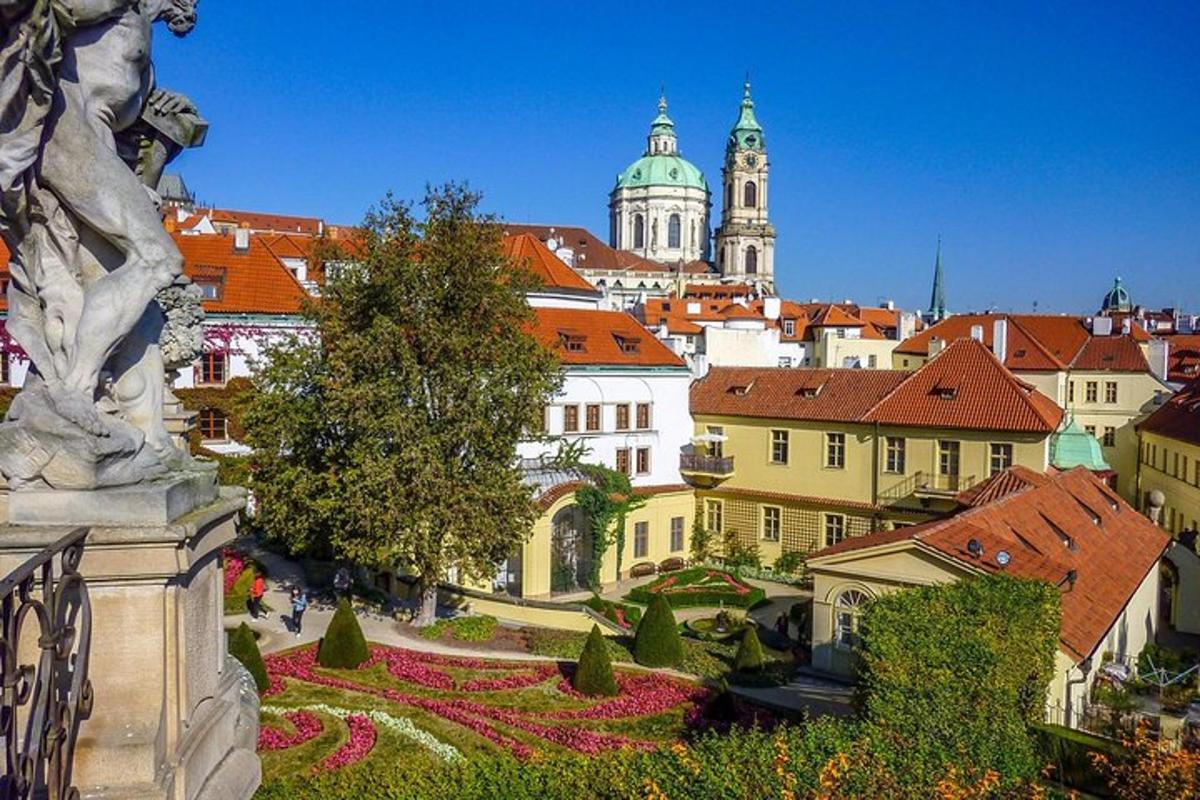 pohled na město s budovami a květinami