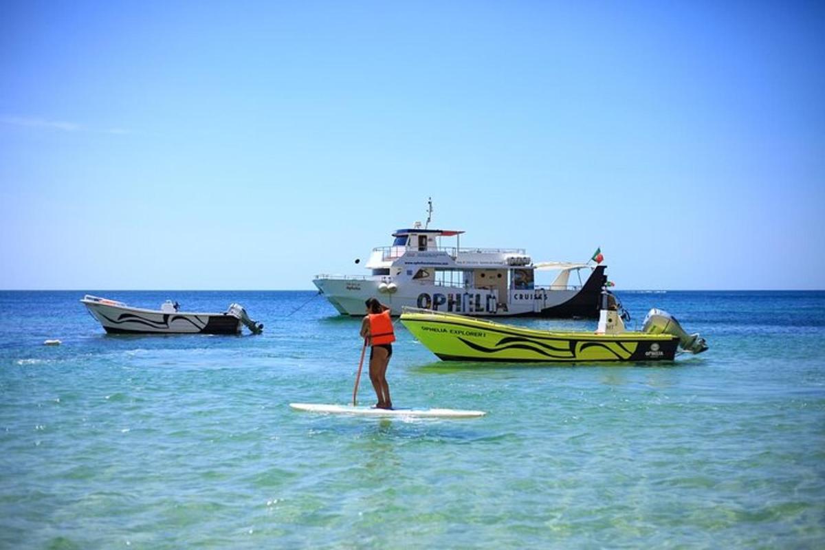 una persona su una tavola da surf in acqua con le barche