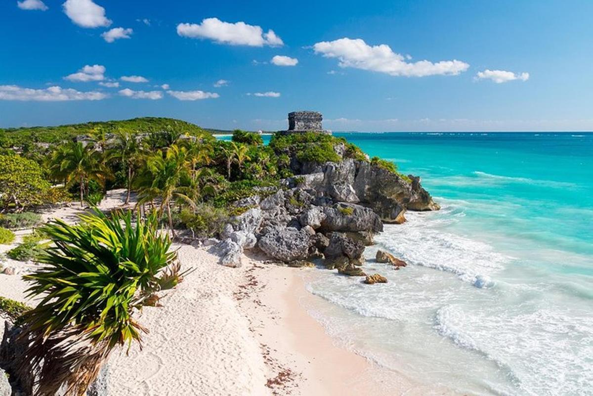 una vista di una spiaggia con un castello in lontananza