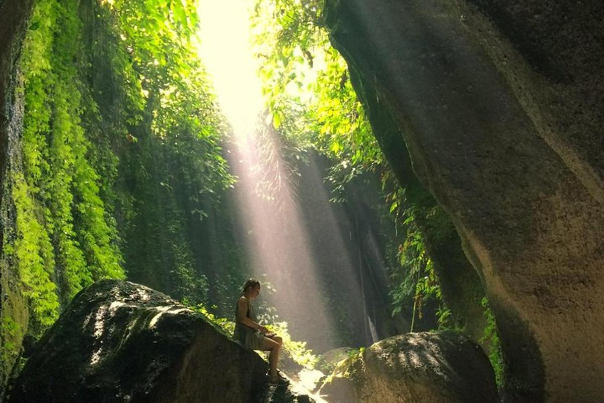 a person standing on a rock in front of a waterfall