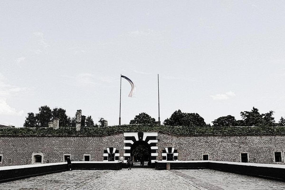 černobílá fotografie budovy s vlajkou