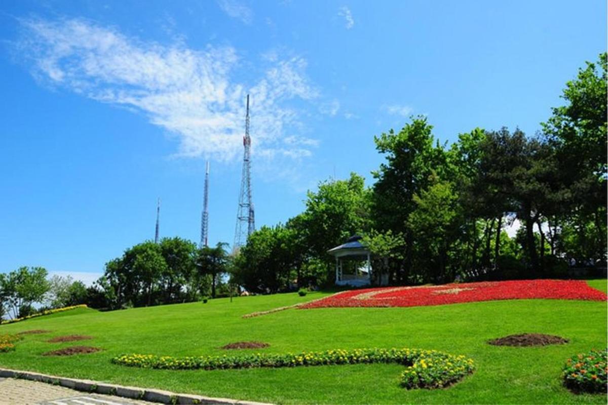 un parc verd amb flors i una torre al fons