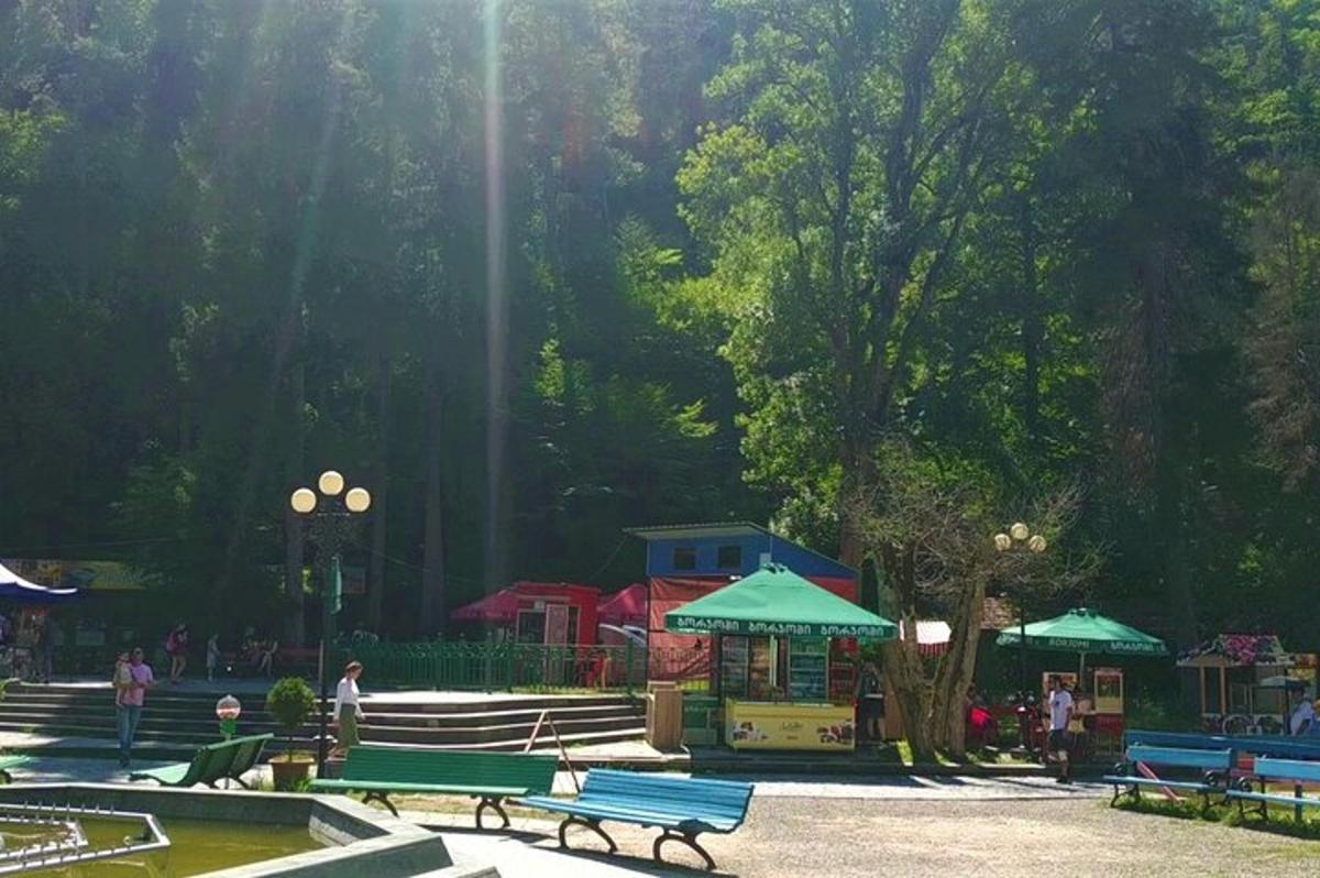 um parque com bancos, um mirante e árvores