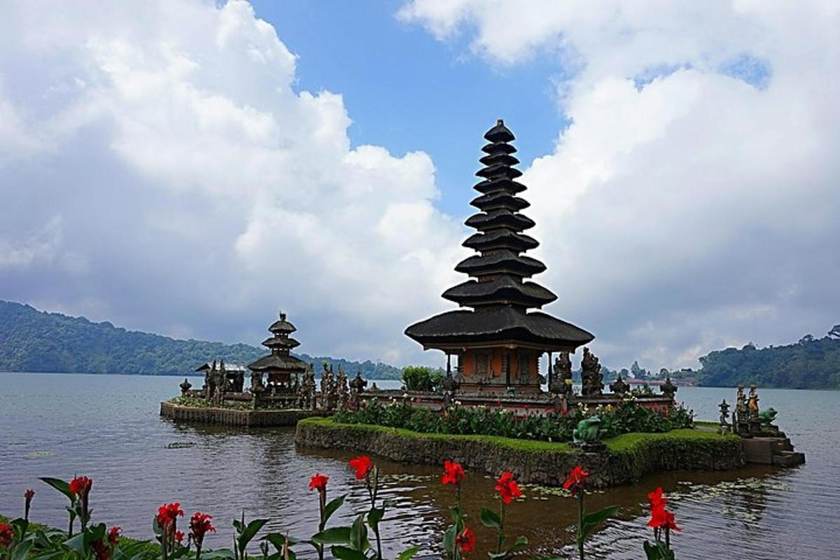 kırmızı çiçeklerle dolu bir gölün ortasındaki pagoda
