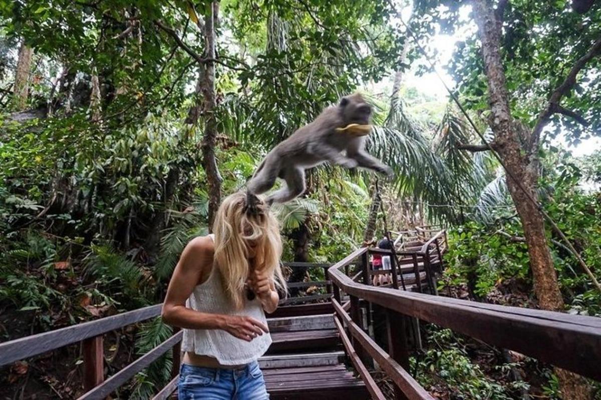 eine Frau mit einem Affen, der in die Luft springt