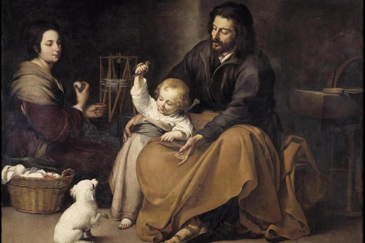 a painting of a man holding a baby and a woman