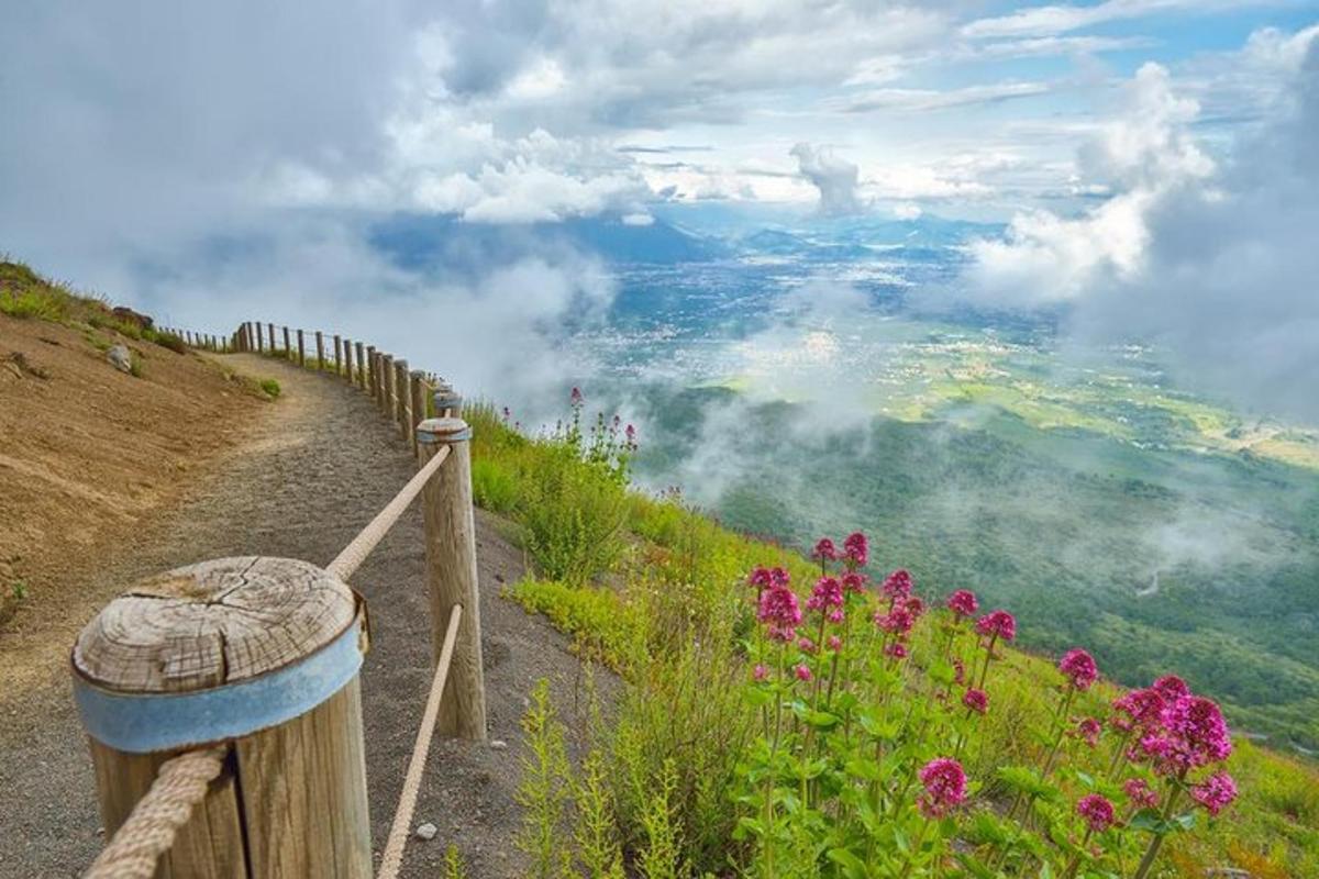 một con đường trên đồi với những bông hoa màu hồng và những đám mây