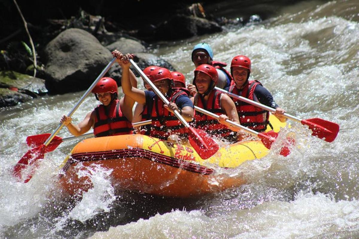 a group of people in a raft in a river