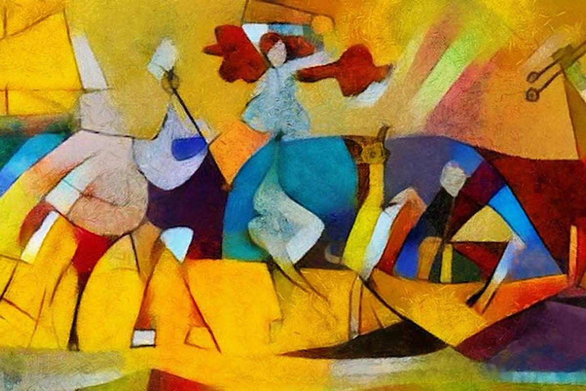un dipinto di un gruppo di donne che tengono un ombrello