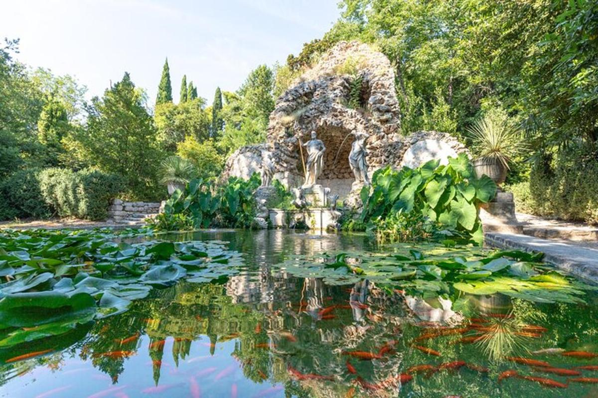 um jardim com um lago com nenúfares