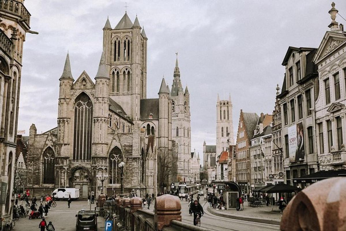 a city street with a cathedral and people walking on the street