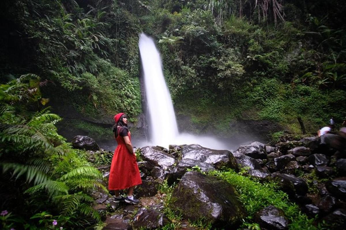 a woman in a red dress standing in front of a waterfall