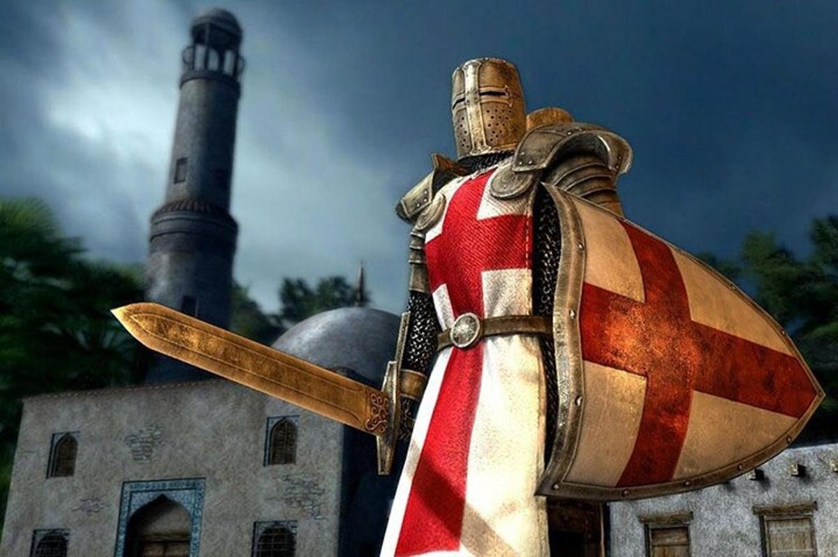 socha rytíře s vlajkou a mešita