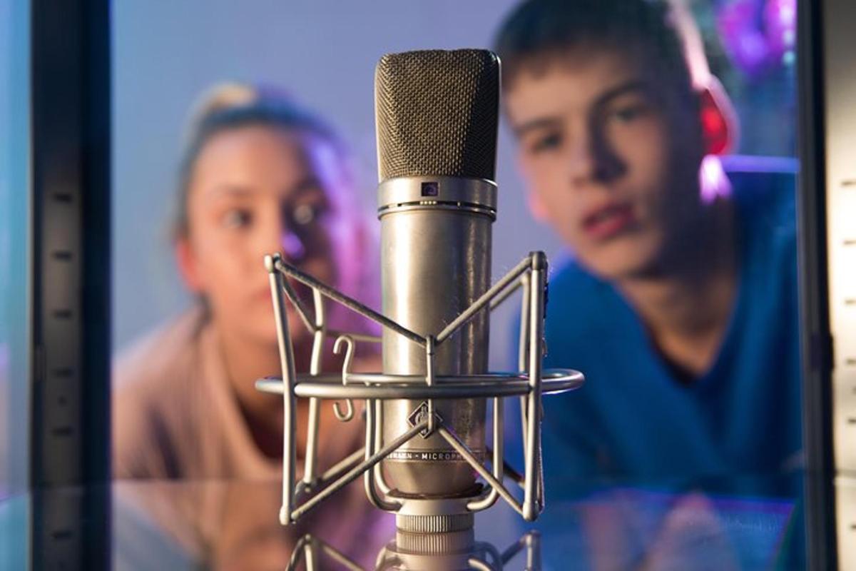 a microphone in front of a woman