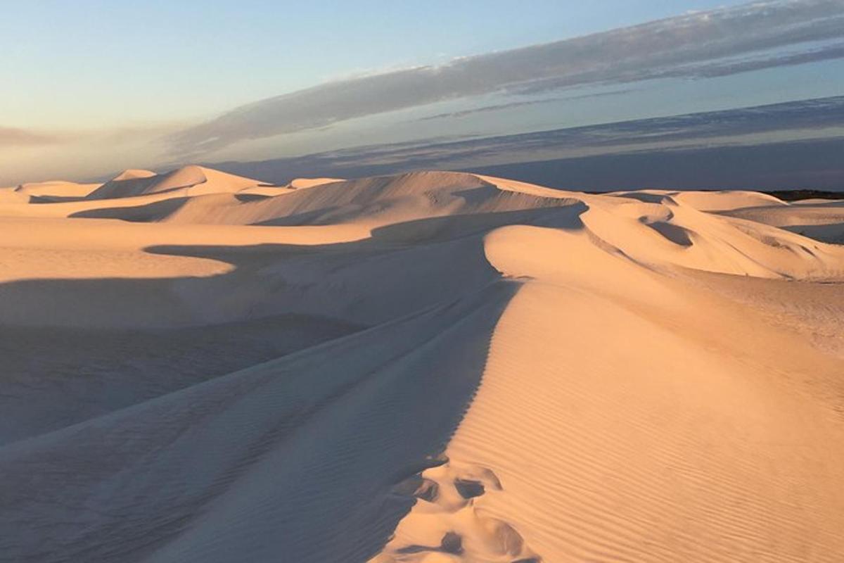 a desert with sand dunes with the sun in the background