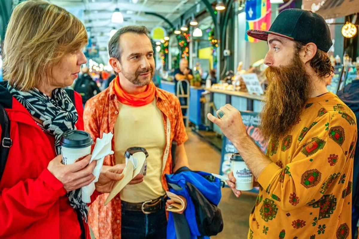 two men and a woman standing in a store talking