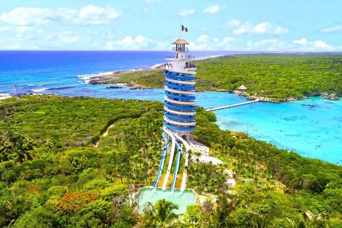 an island with a lighthouse in the middle of the ocean