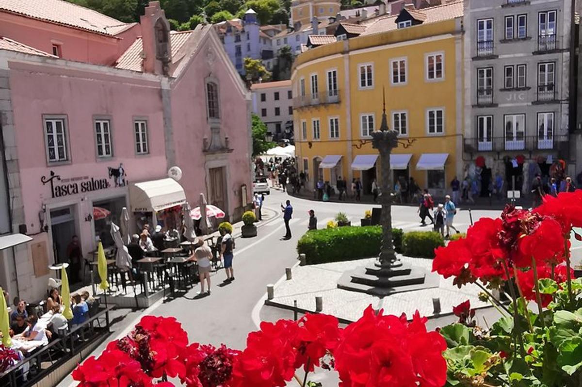 una vista di una strada con fiori rossi e palazzi