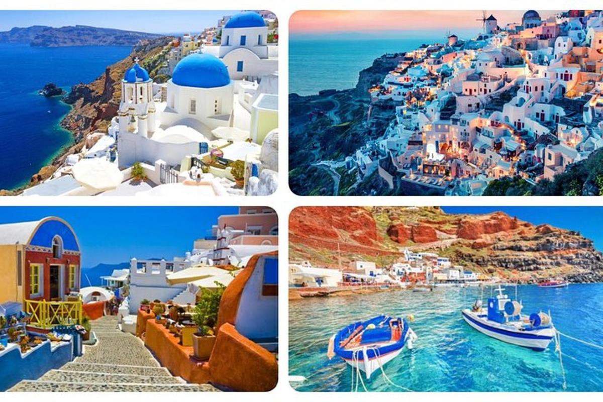 ένα κολάζ τεσσάρων εικόνων ενός νησιού