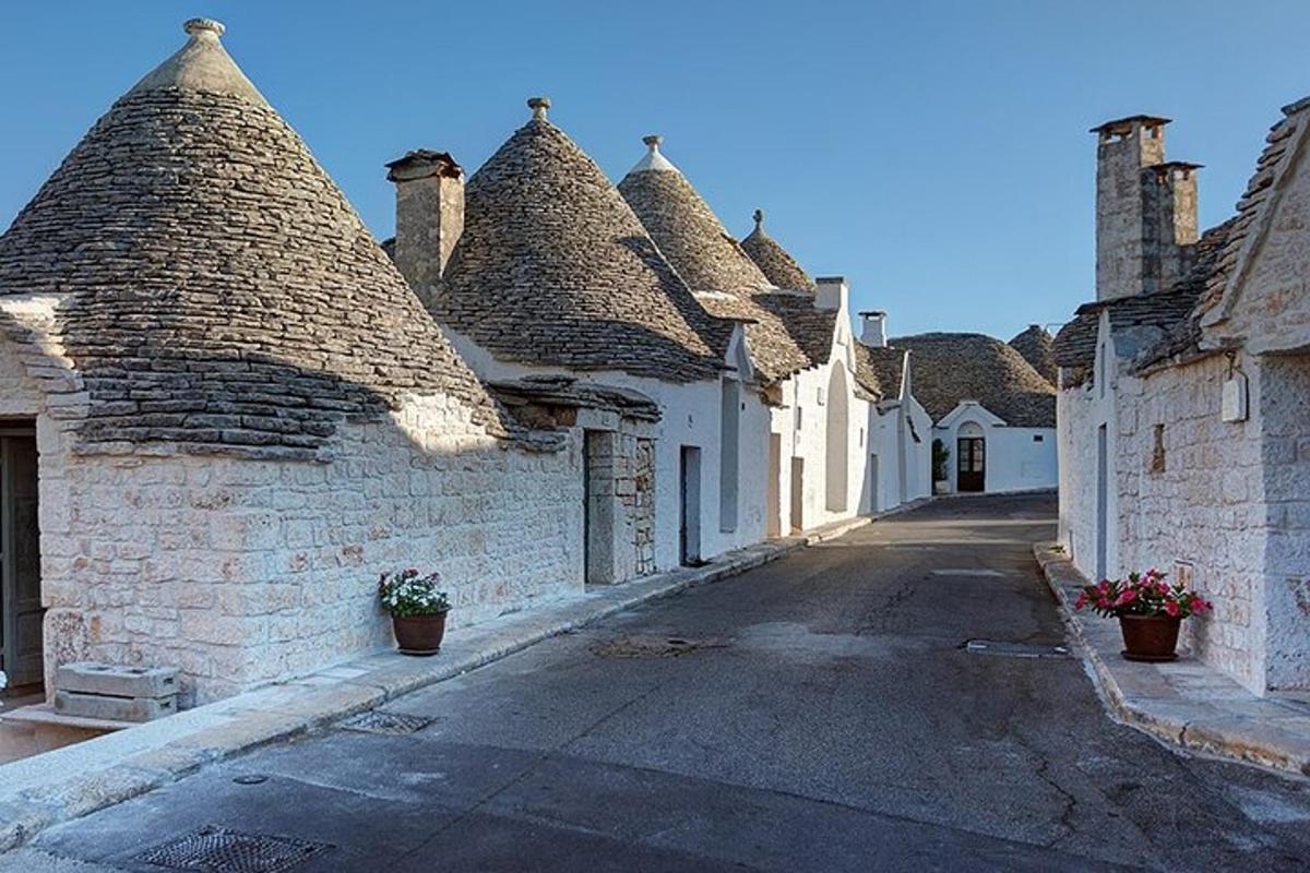 a row of white buildings with straw roofs